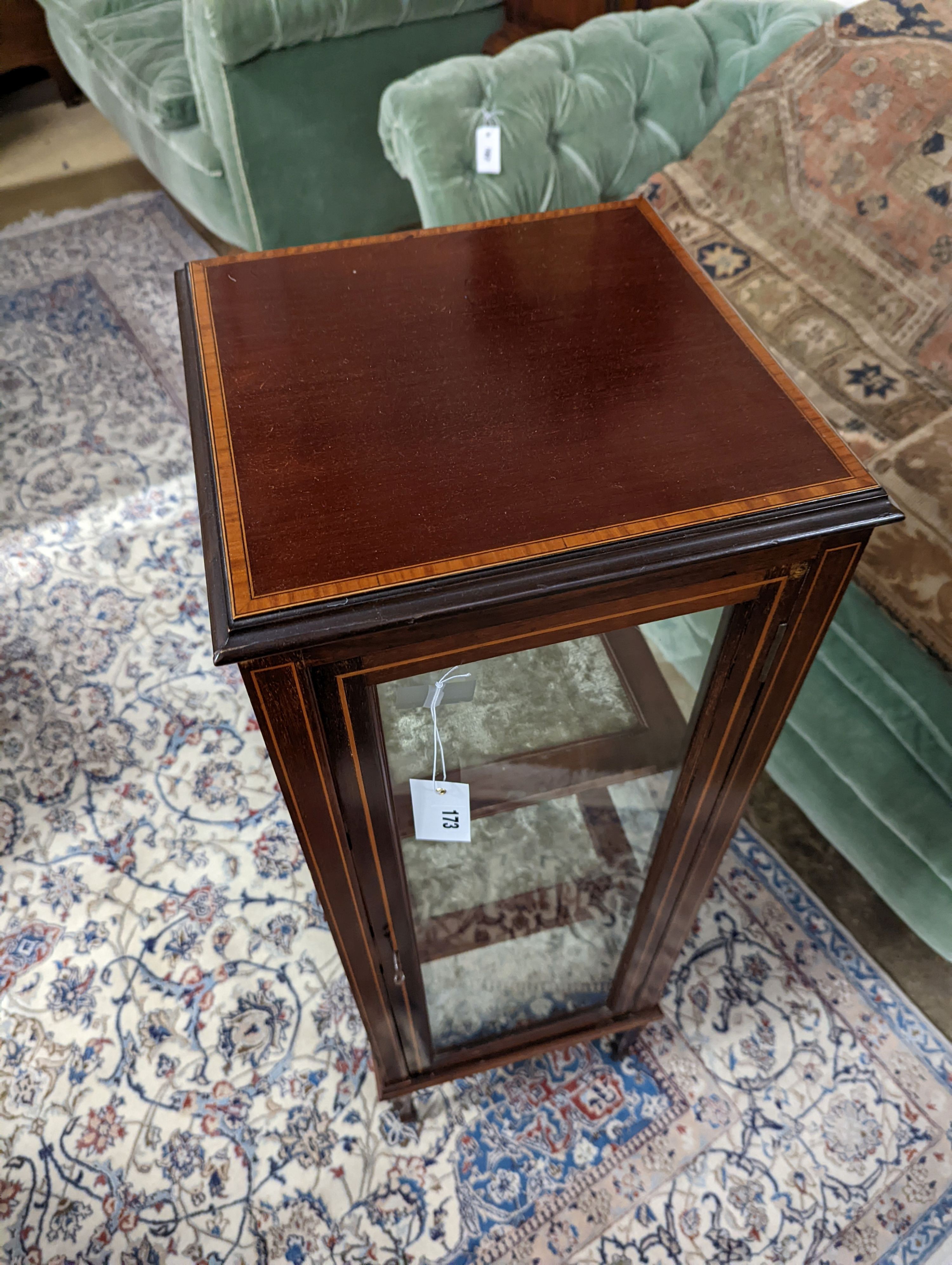 An Edwardian satinwood banded mahogany bijouterie cabinet, width 32cm, depth 32cm, height 101cm
